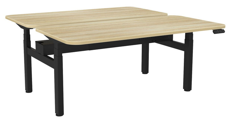 Haven Electric Double Sided Desk - Radius 1600 x 800 / Atlantic Oak / Black